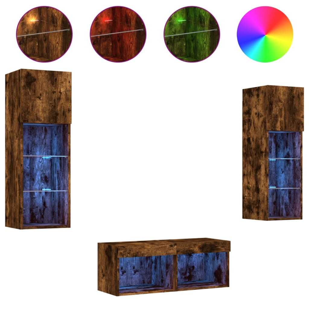4 Piece TV Wall Cabinets with LED Lights Smoked Oak
