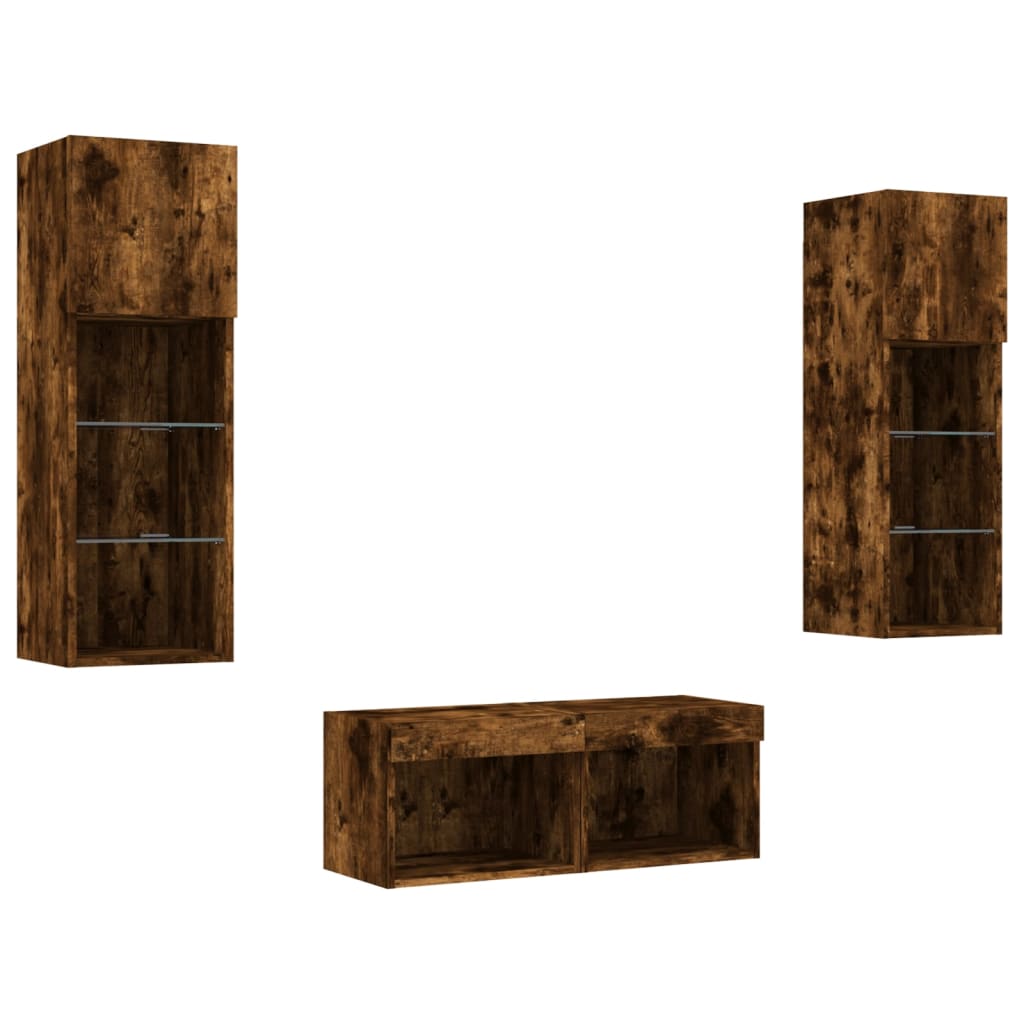 4 Piece TV Wall Cabinets with LED Lights Smoked Oak