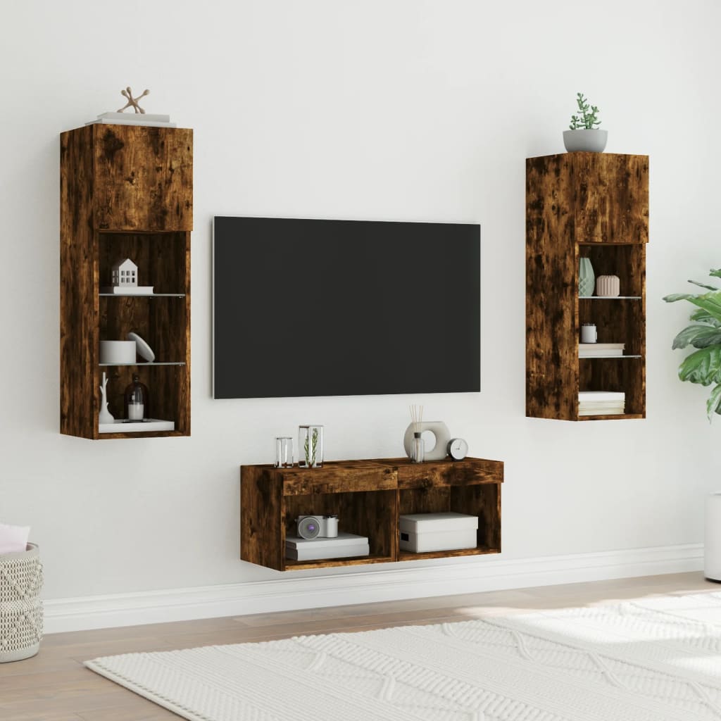 4 Piece TV Wall Cabinets with LED Lights Smoked Oak