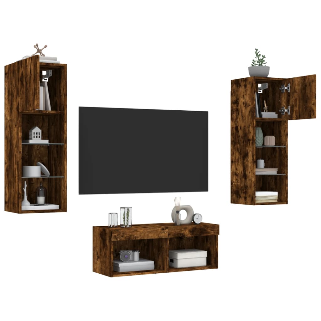 4 Piece TV Wall Cabinets with LED Lights Smoked Oak
