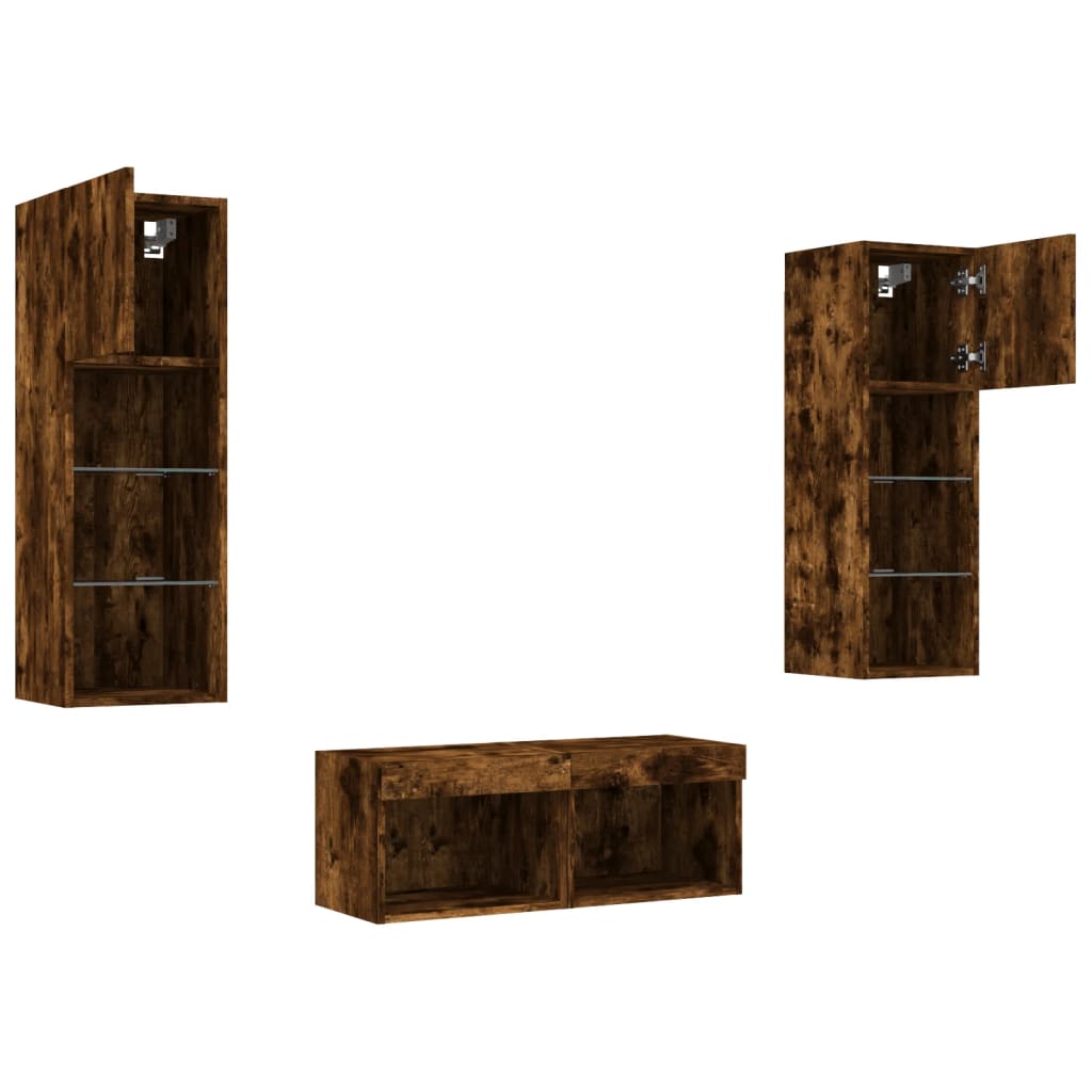 4 Piece TV Wall Cabinets with LED Lights Smoked Oak