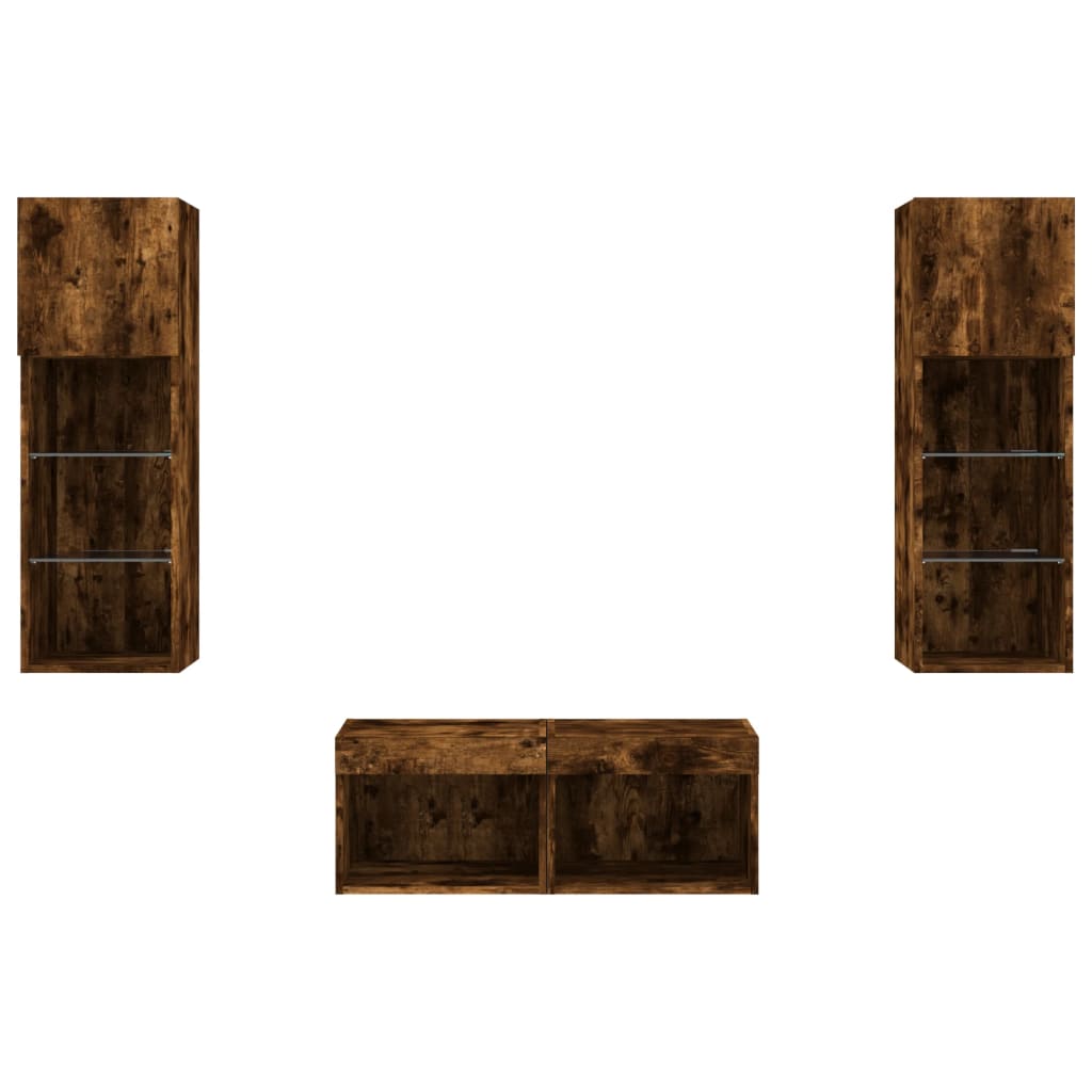 4 Piece TV Wall Cabinets with LED Lights Smoked Oak