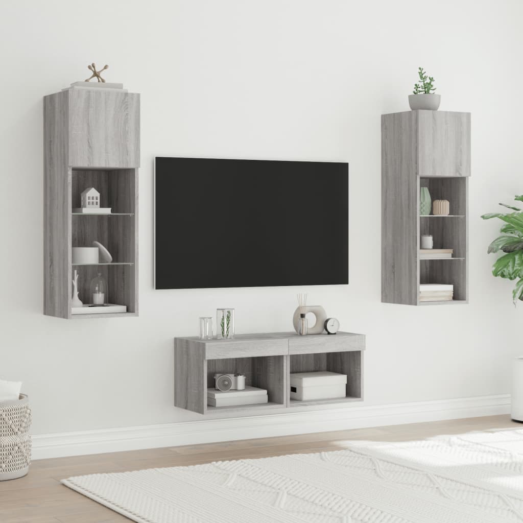 4 Piece TV Wall Cabinets with LED Lights Grey Sonoma