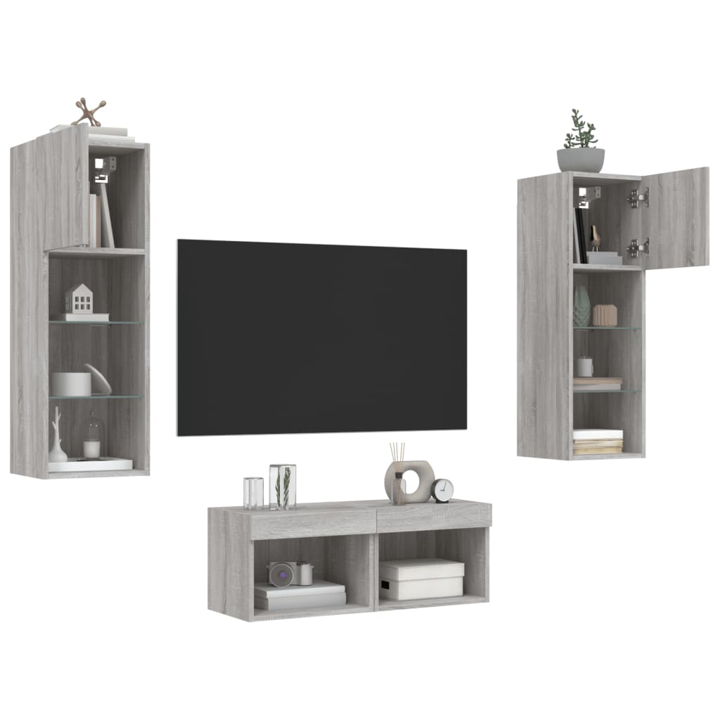 4 Piece TV Wall Cabinets with LED Lights Grey Sonoma