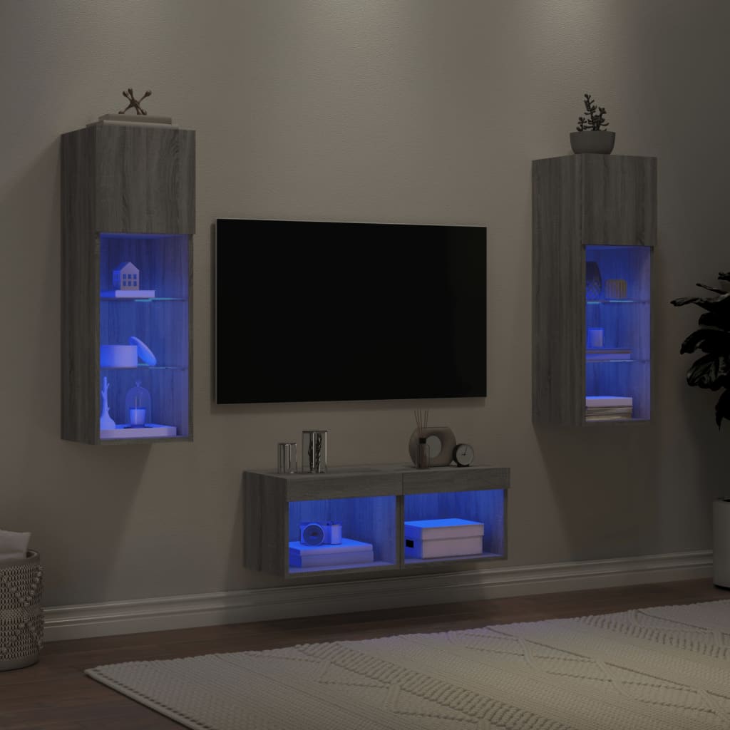 4 Piece TV Wall Cabinets with LED Lights Grey Sonoma