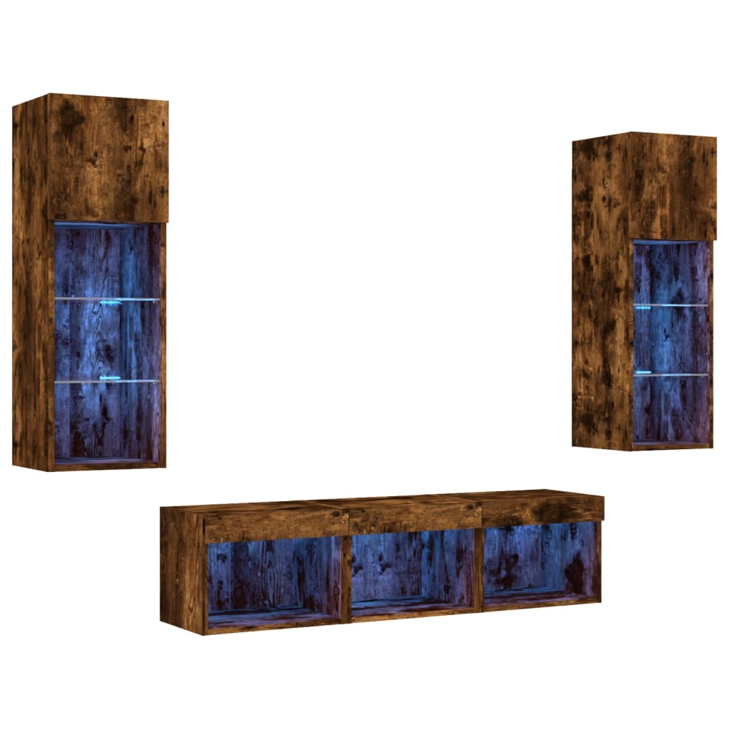 5 Piece TV Wall Units with LED Smoked Oak Engineered Wood