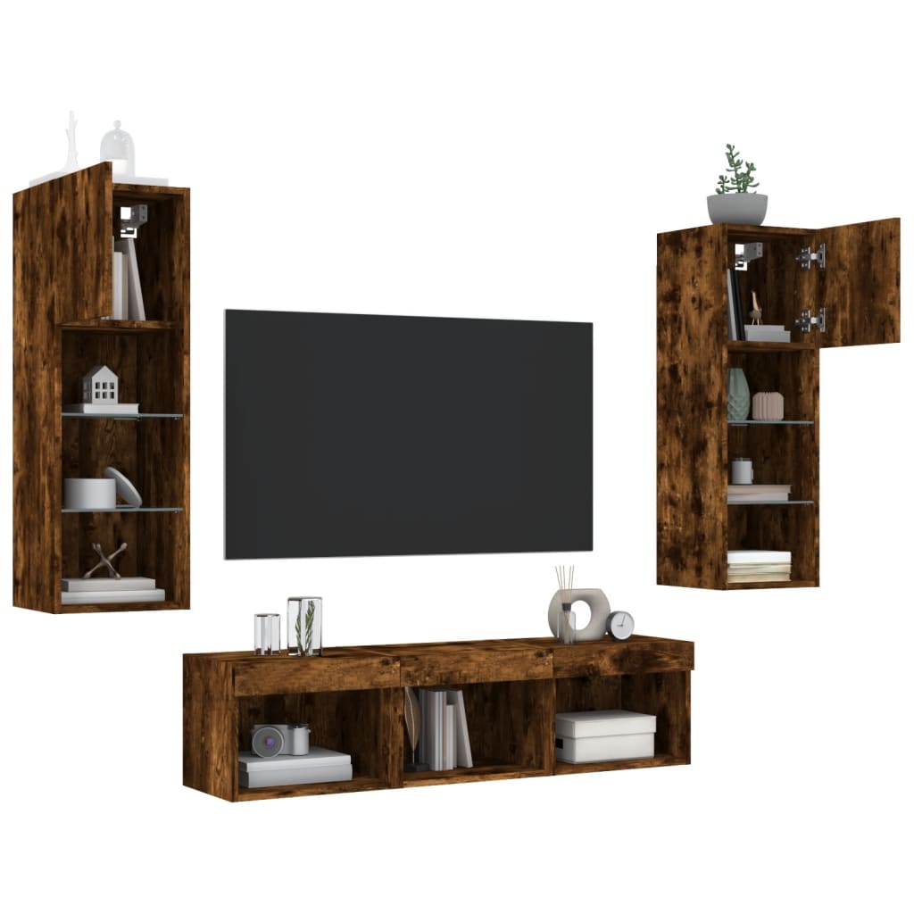 5 Piece TV Wall Units with LED Smoked Oak Engineered Wood