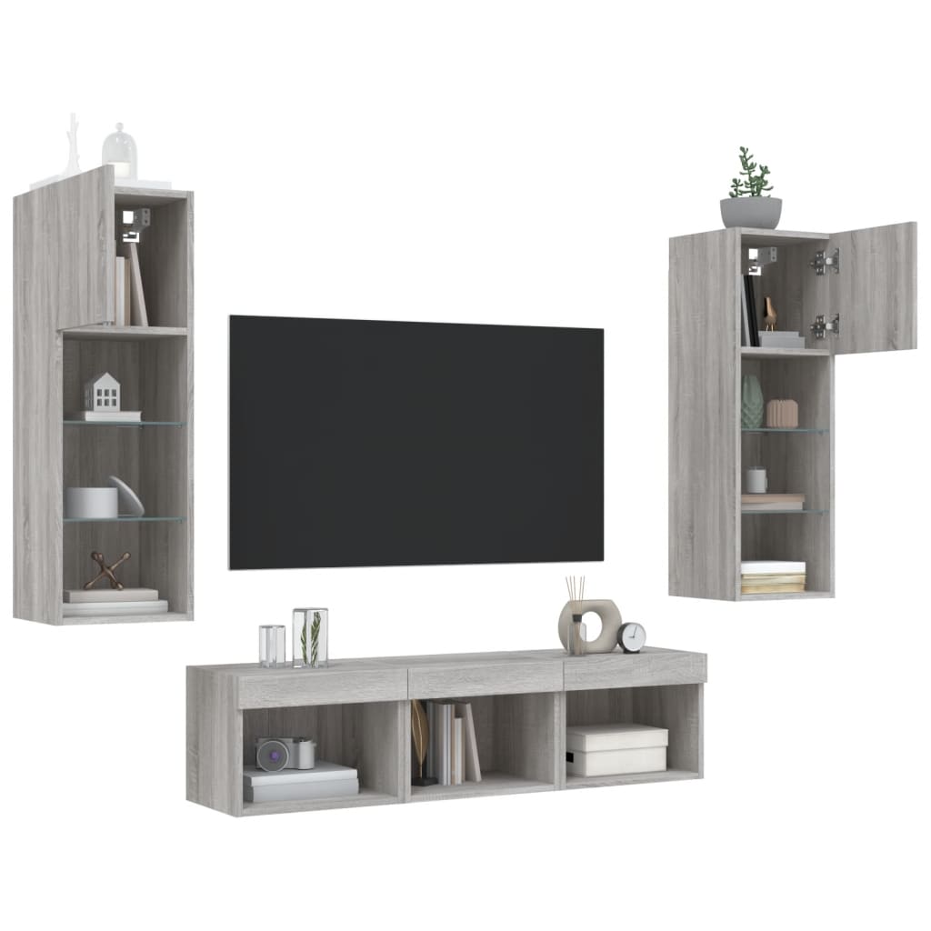 5 Piece TV Wall Units with LED Grey Sonoma Engineered Wood