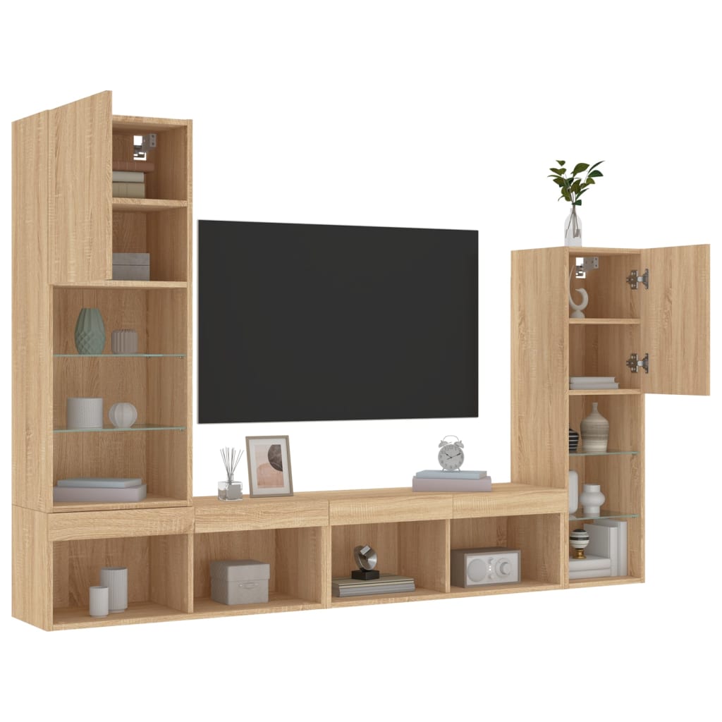 4 Piece TV Wall Units with LED Sonoma Oak Engineered Wood