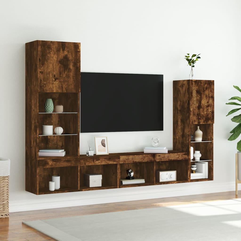 4 Piece TV Wall Units with LED Smoked Oak Engineered Wood