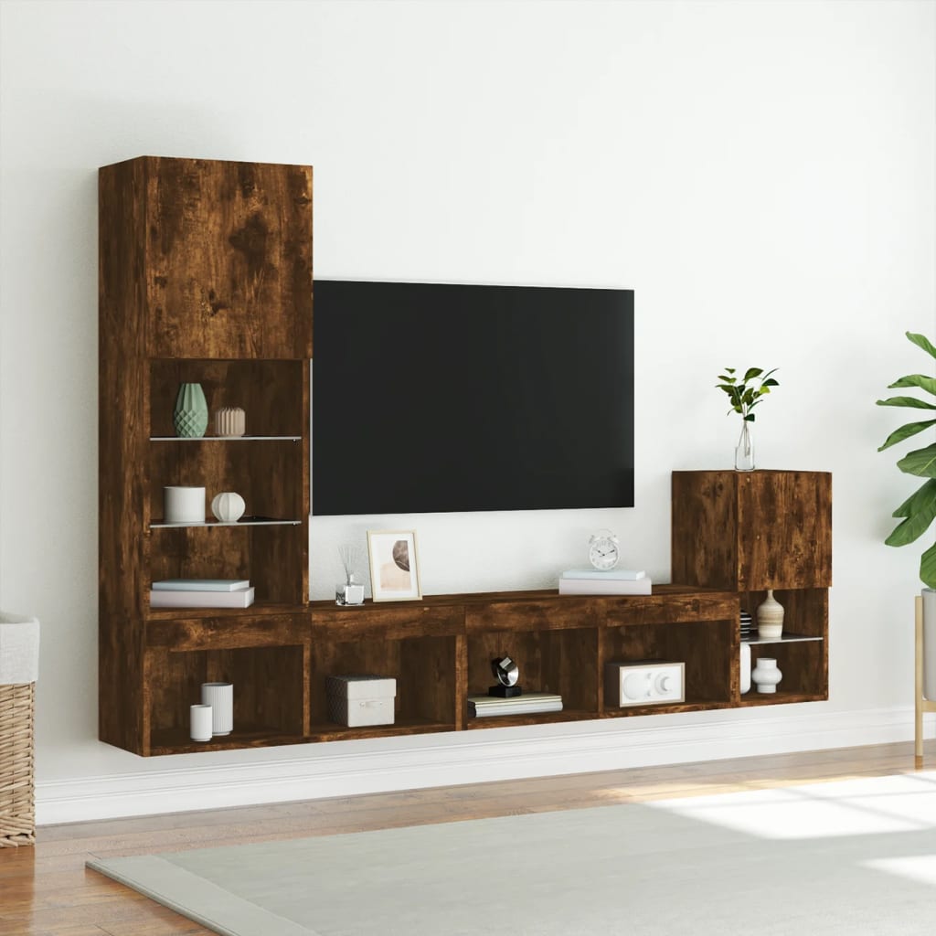 4 Piece TV Wall Units with LED Smoked Oak Engineered Wood