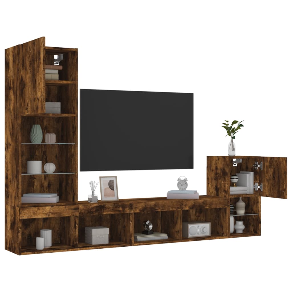 4 Piece TV Wall Units with LED Smoked Oak Engineered Wood