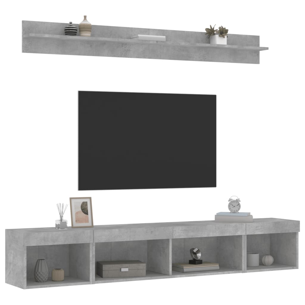 5 Piece TV Wall Units with LED Concrete Grey Engineered Wood