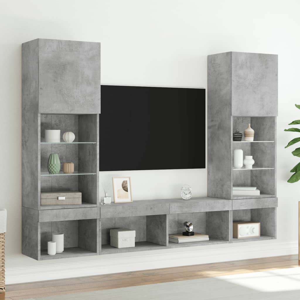 5 Piece TV Wall Units with LED Concrete Grey Engineered Wood