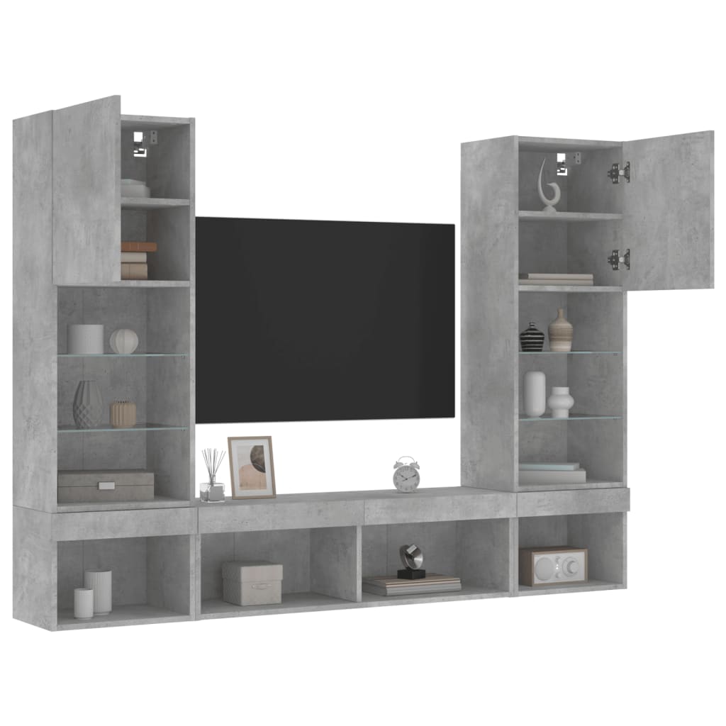 5 Piece TV Wall Units with LED Concrete Grey Engineered Wood