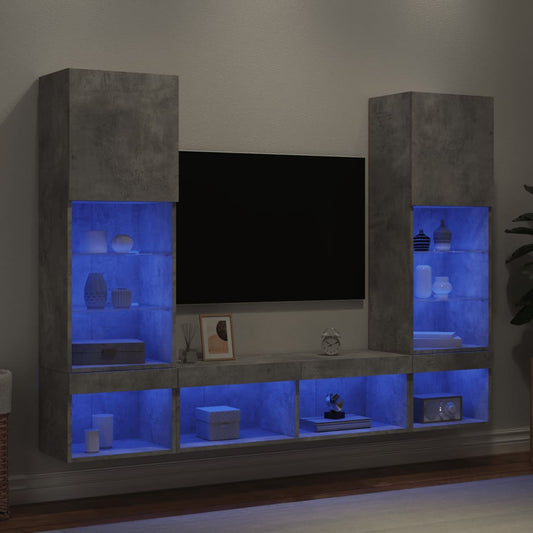 5 Piece TV Wall Units with LED Concrete Grey Engineered Wood