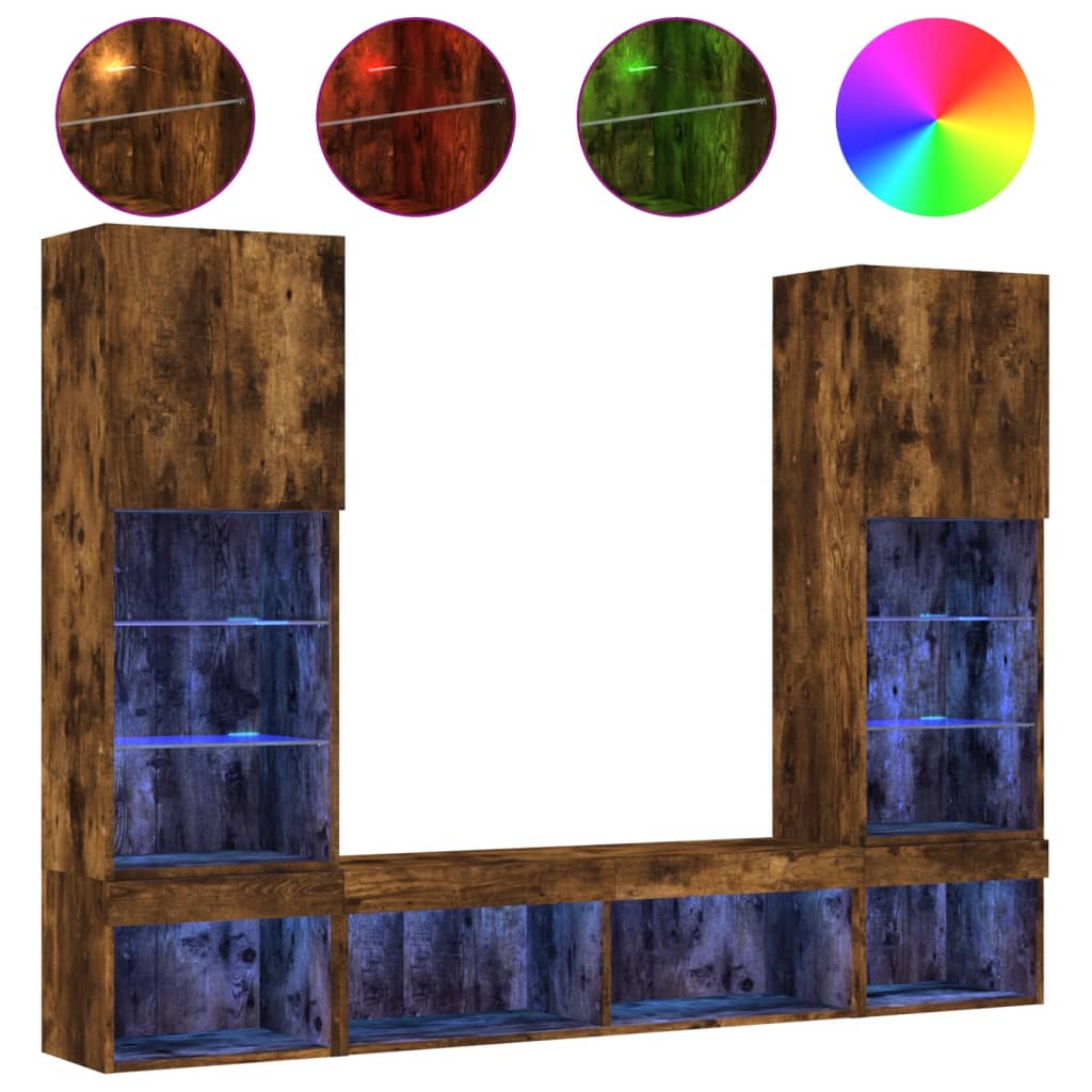 5 Piece TV Wall Units with LED Smoked Oak Engineered Wood