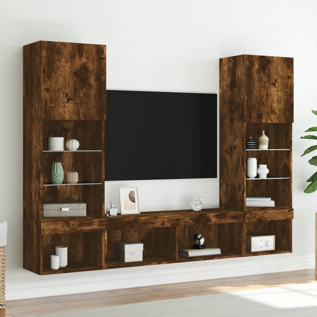 5 Piece TV Wall Units with LED Smoked Oak Engineered Wood
