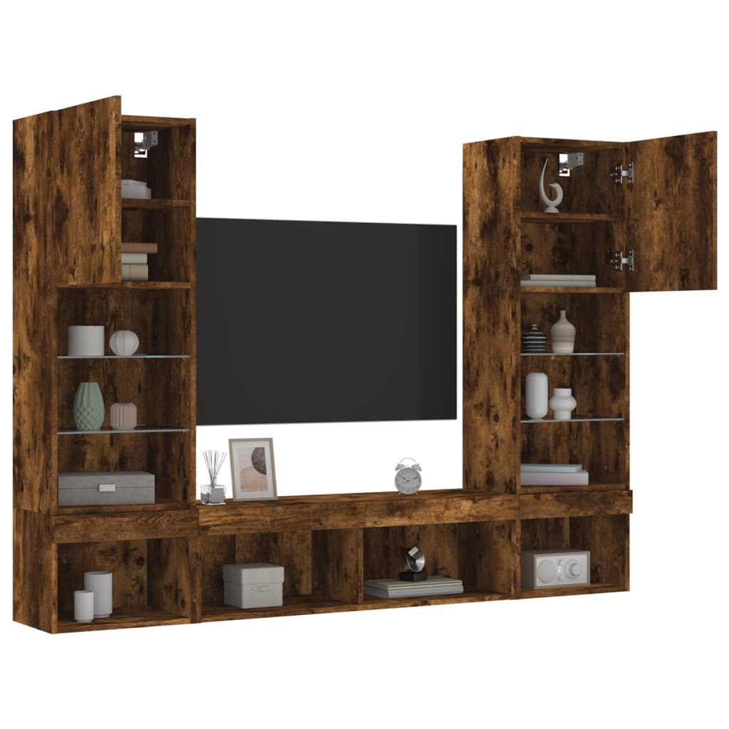 5 Piece TV Wall Units with LED Smoked Oak Engineered Wood