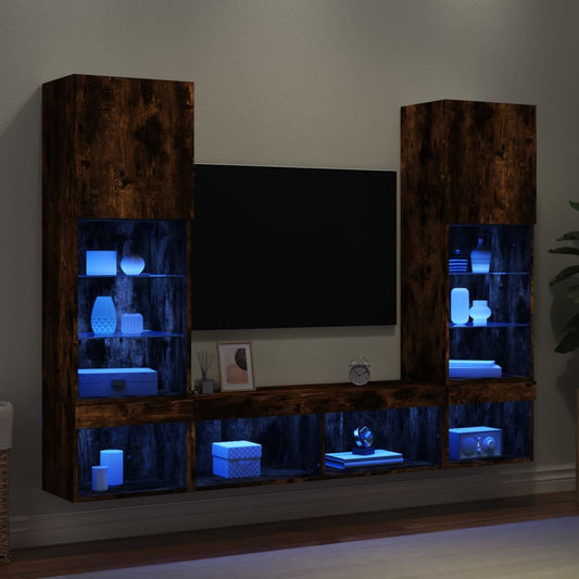 5 Piece TV Wall Units with LED Smoked Oak Engineered Wood