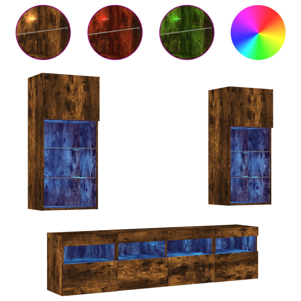 5 Piece TV Wall Units with LED Smoked Oak Engineered Wood