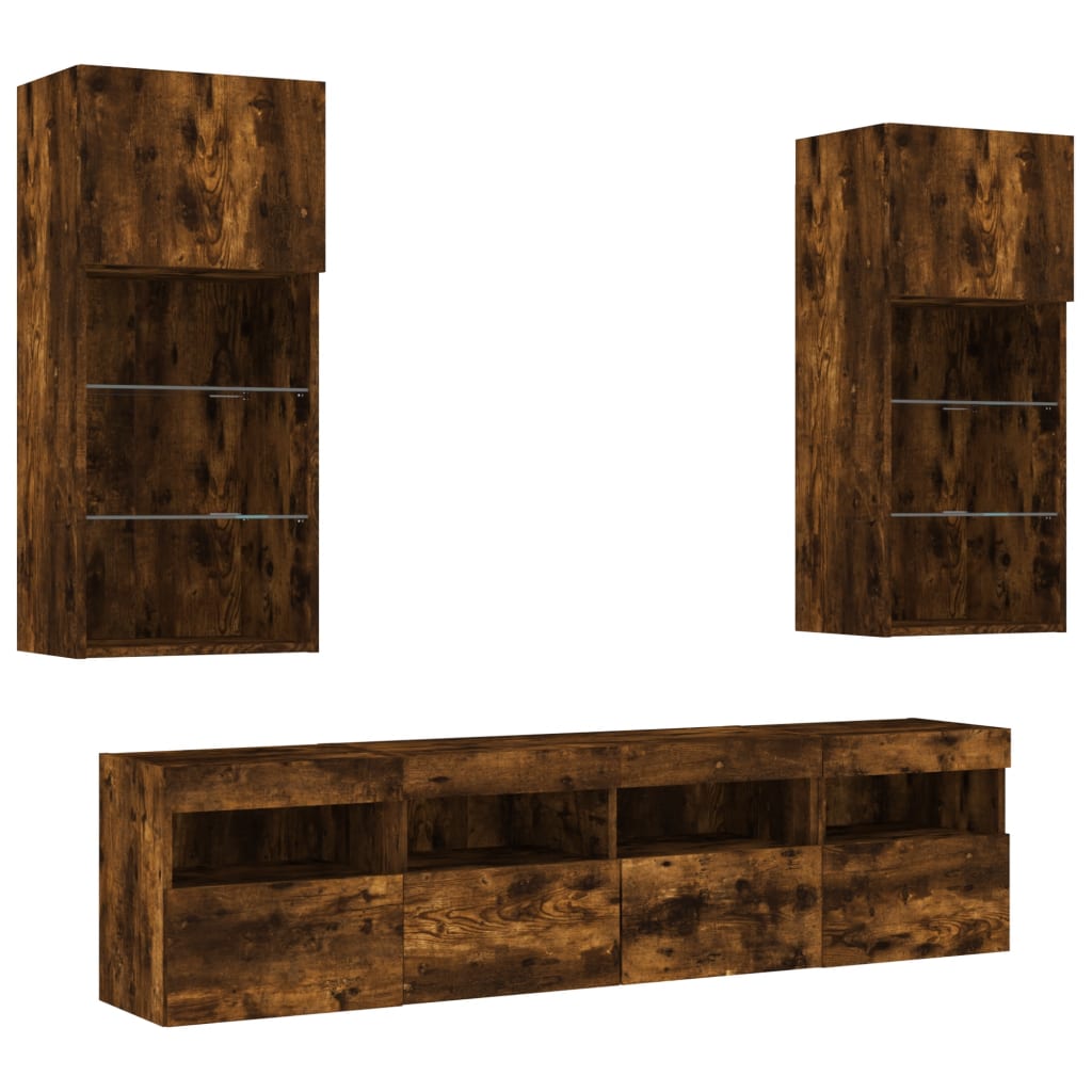5 Piece TV Wall Units with LED Smoked Oak Engineered Wood