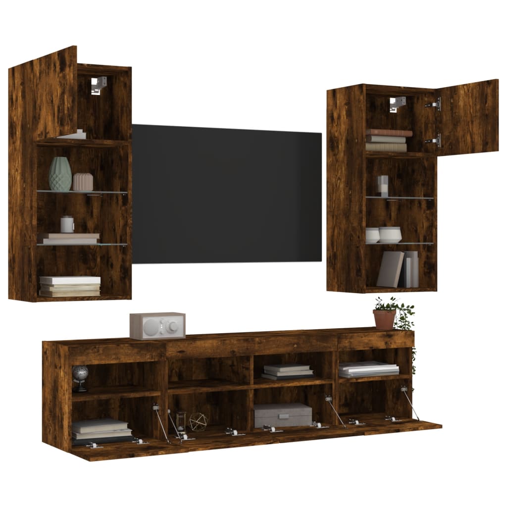 5 Piece TV Wall Units with LED Smoked Oak Engineered Wood