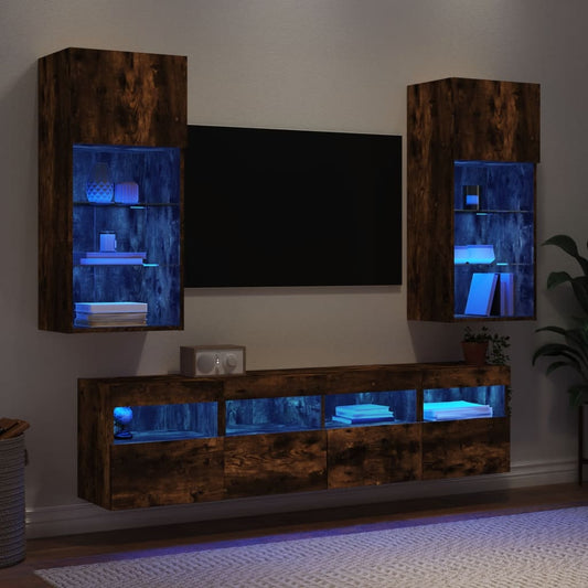 5 Piece TV Wall Units with LED Smoked Oak Engineered Wood