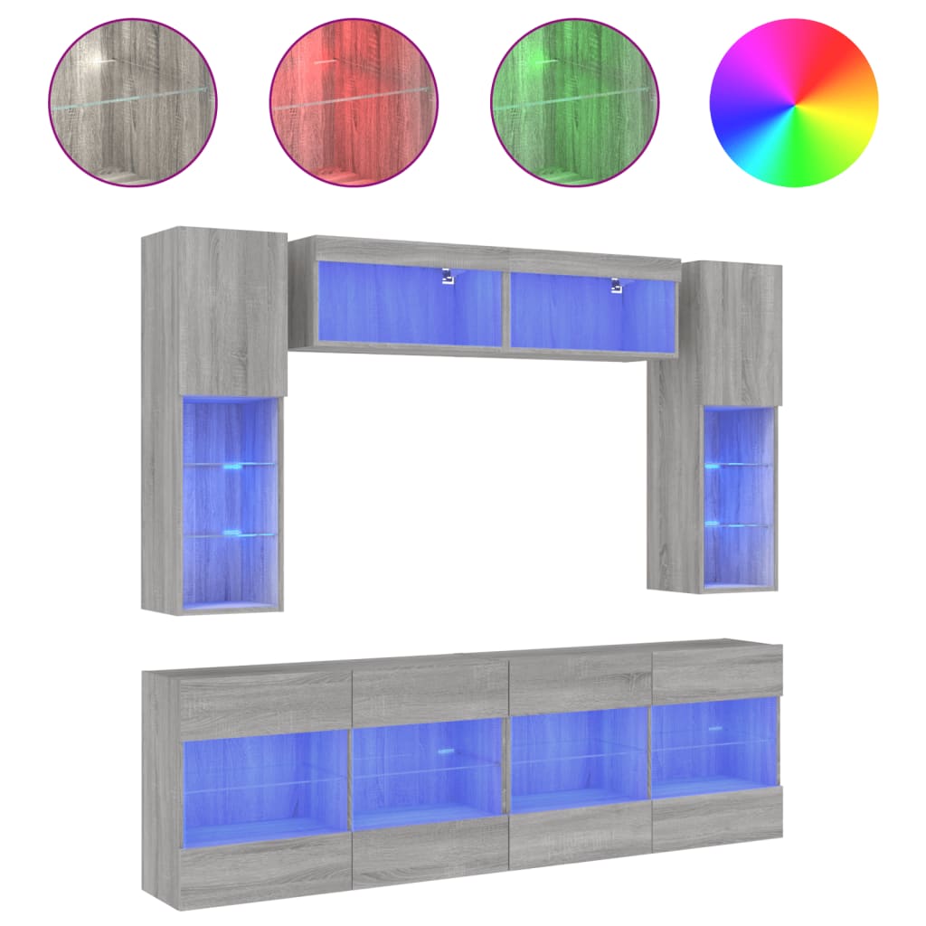 6 Piece TV Wall Cabinet Set with LED Lights Grey Sonoma