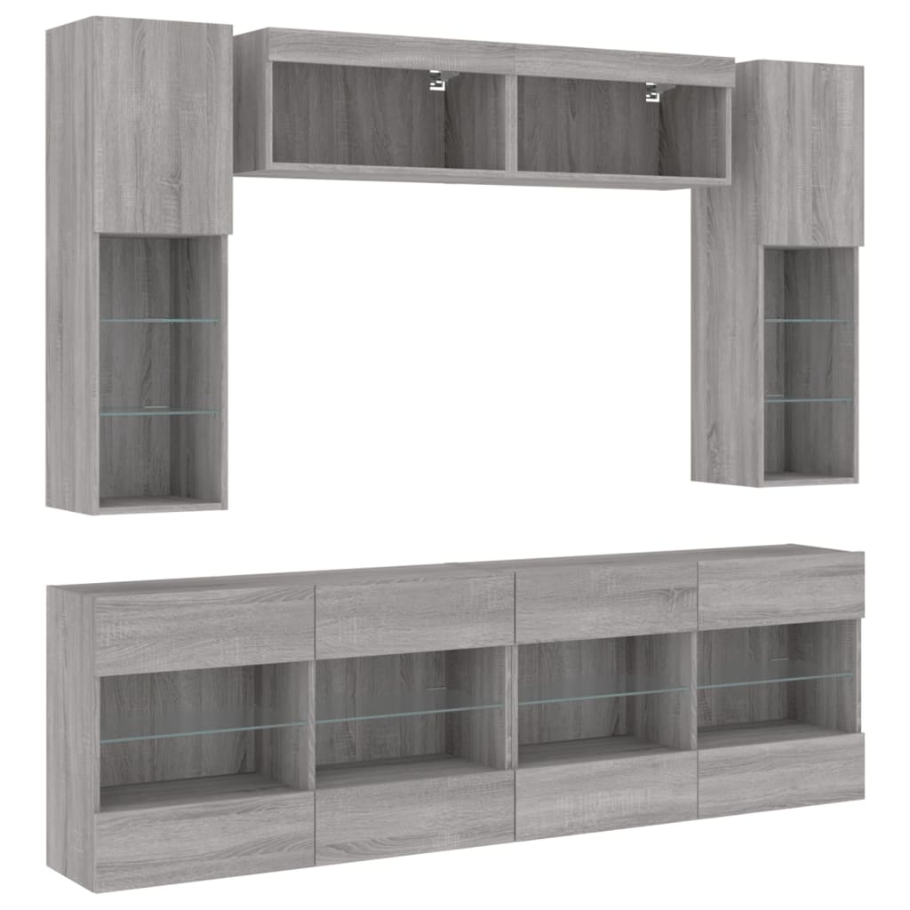 6 Piece TV Wall Cabinet Set with LED Lights Grey Sonoma