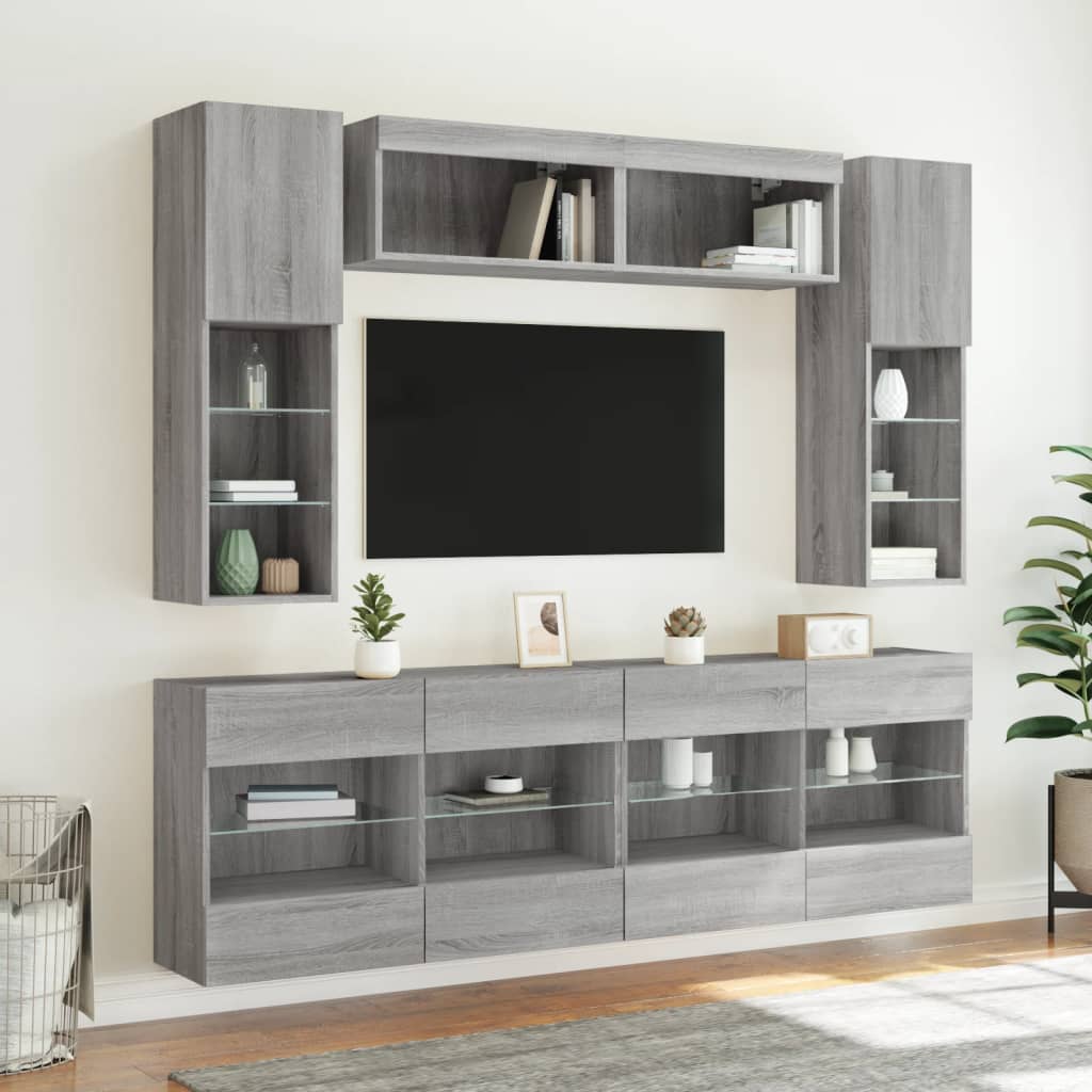 6 Piece TV Wall Cabinet Set with LED Lights Grey Sonoma