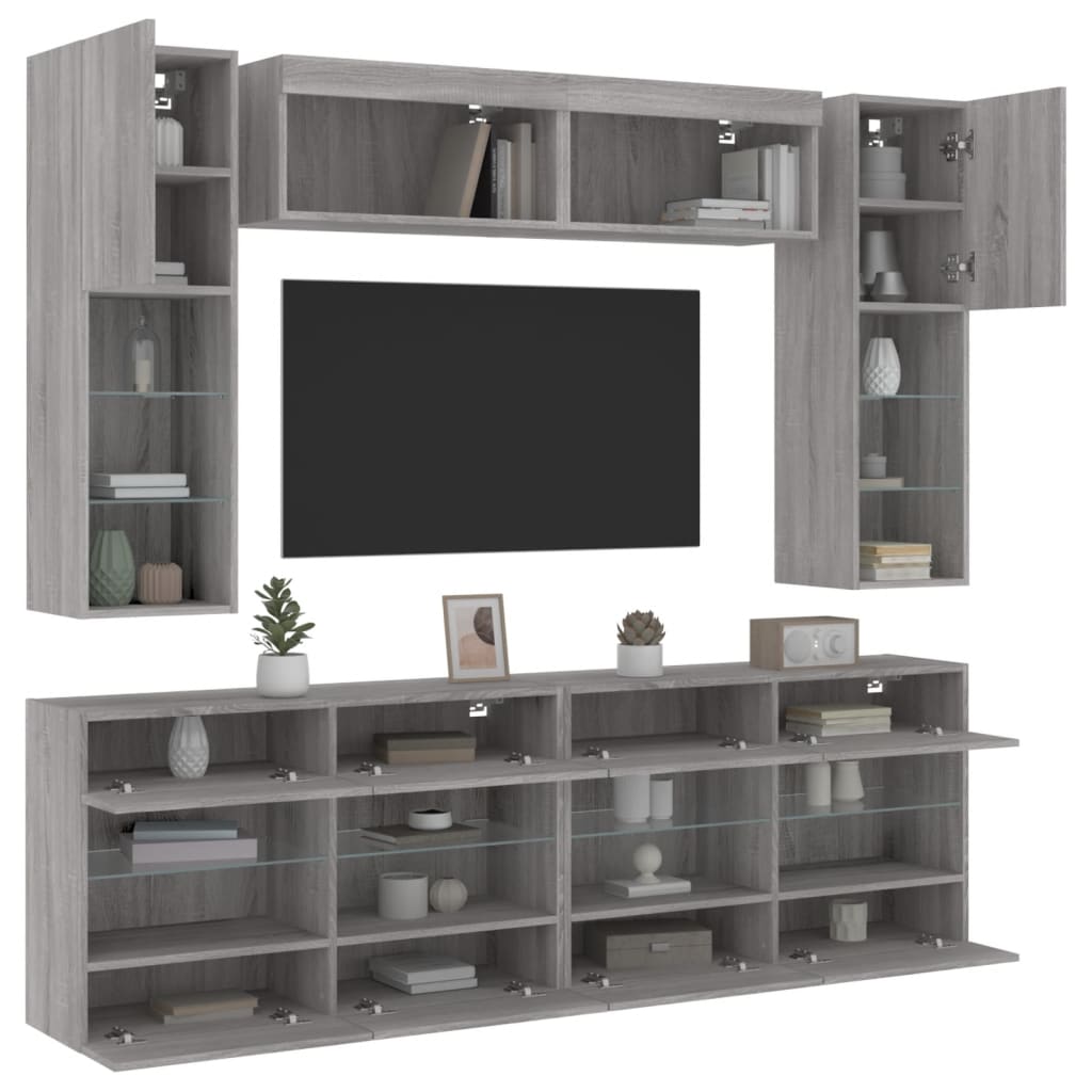 6 Piece TV Wall Cabinet Set with LED Lights Grey Sonoma