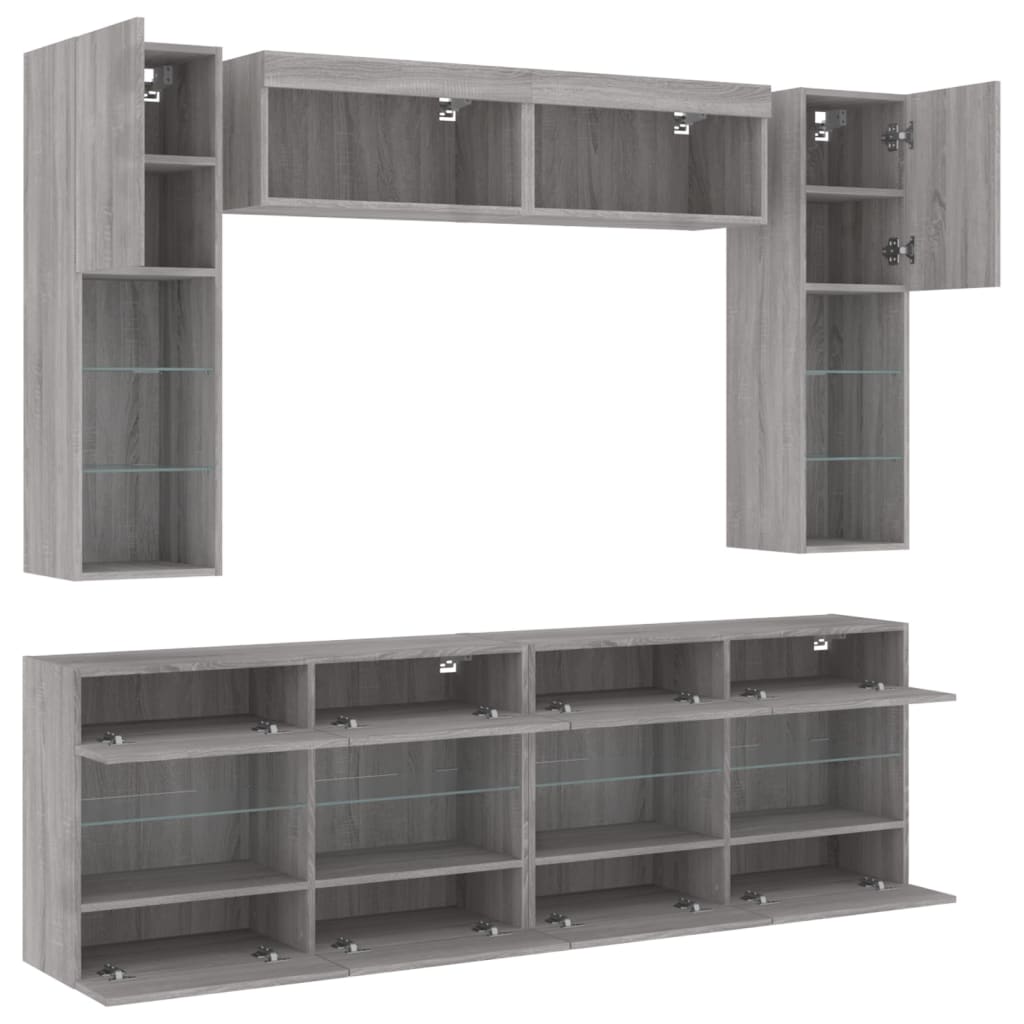 6 Piece TV Wall Cabinet Set with LED Lights Grey Sonoma