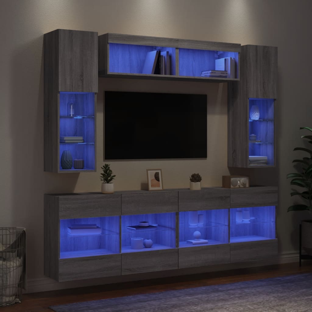 6 Piece TV Wall Cabinet Set with LED Lights Grey Sonoma