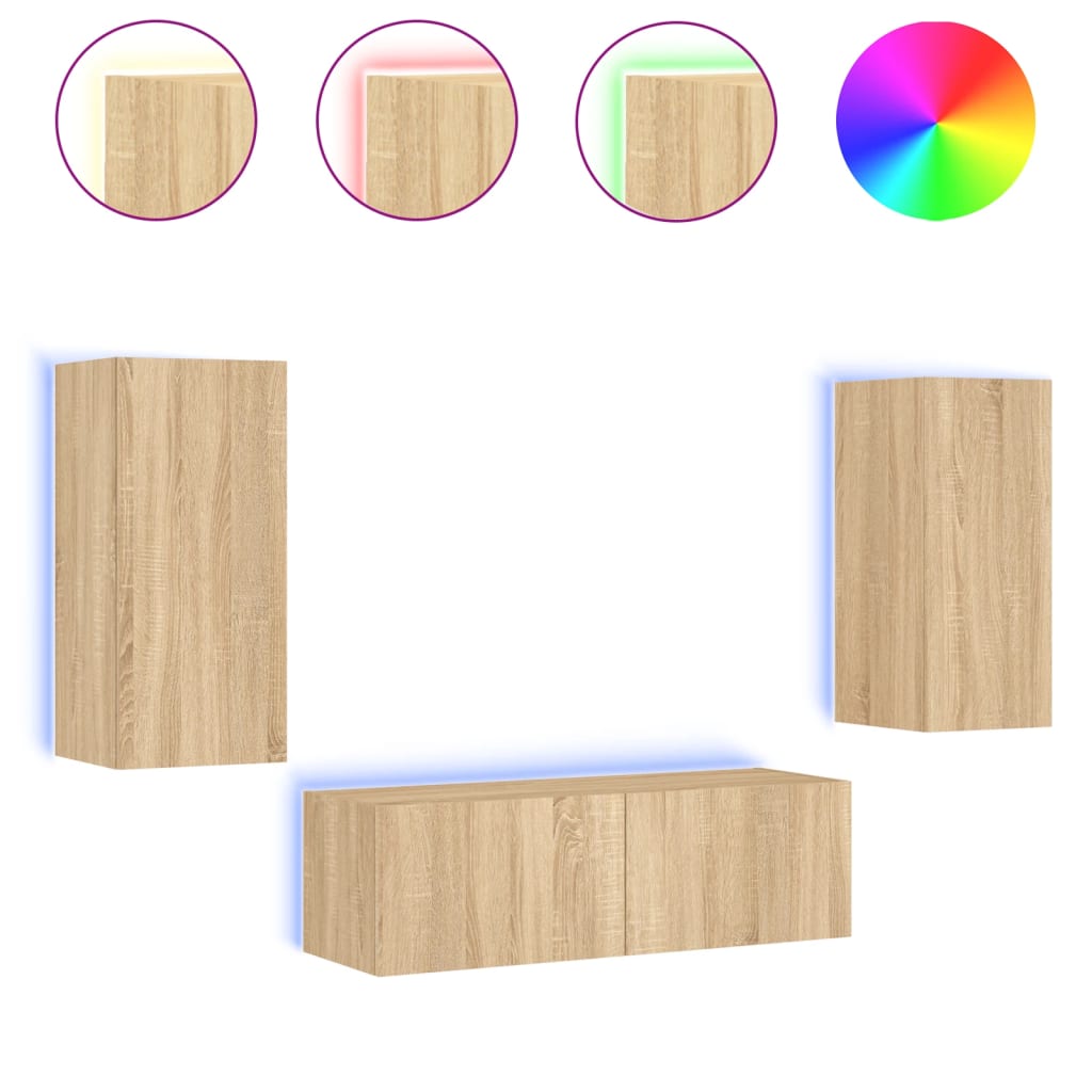 3 Piece TV Wall Cabinets with LED Lights Sonoma Oak