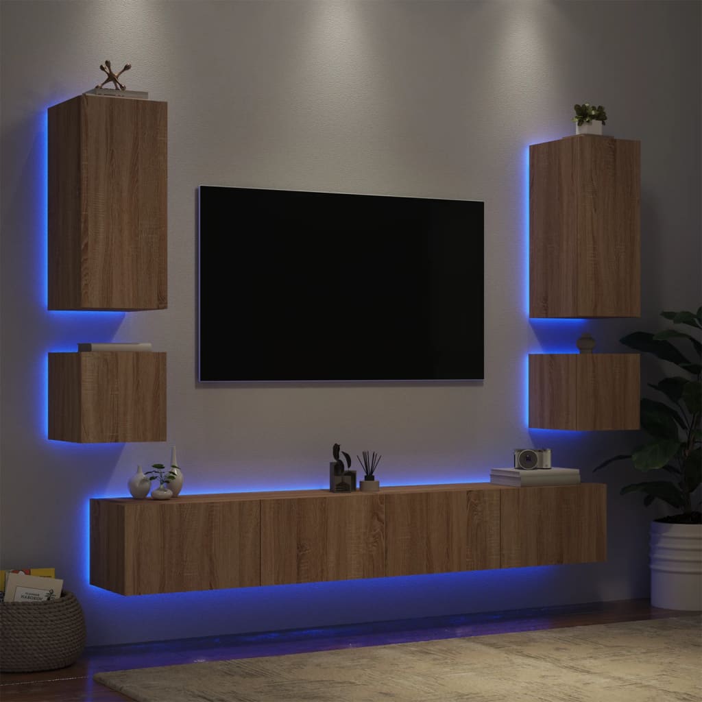 6 Piece TV Wall Cabinets with LED Lights Sonoma Oak