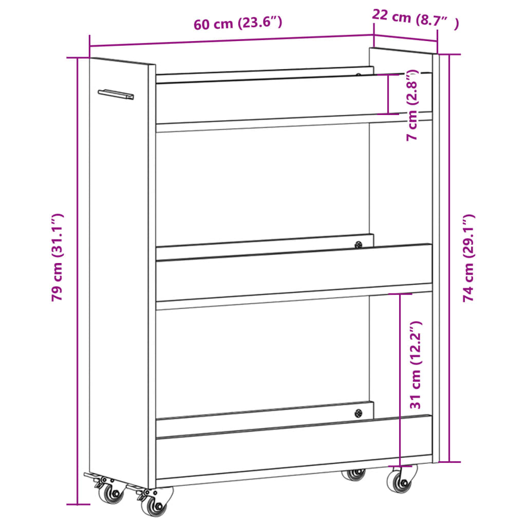 Cabinet with Wheels Grey Sonoma 60x22x79 cm Engineered Wood