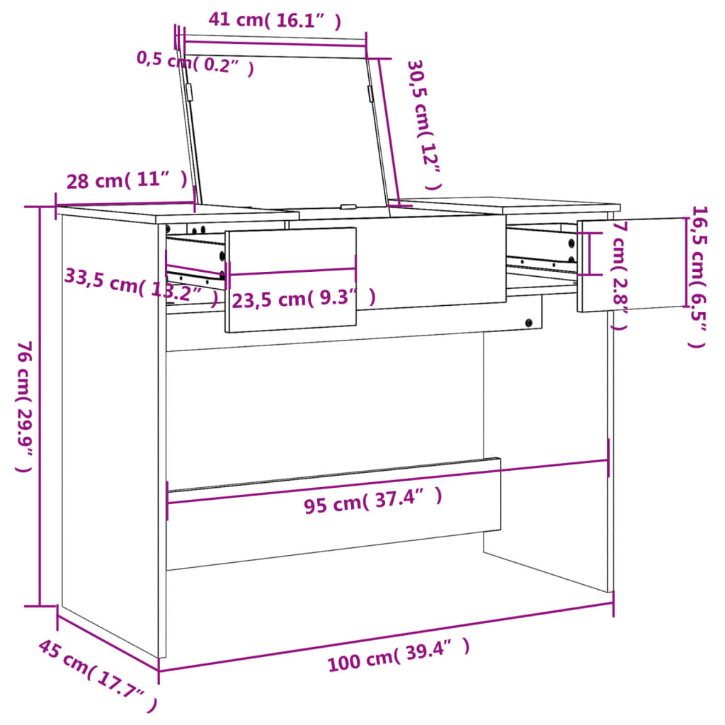 Dressing Table with Mirror Brown Oak 100x45x76 cm