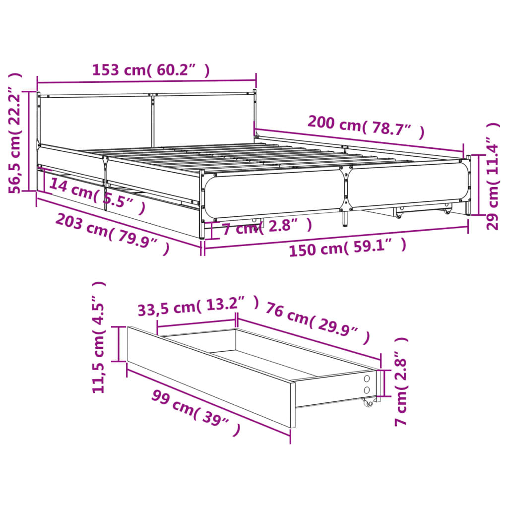 Bed Frame with Drawers without Mattress Brown Oak 150x200 cm King Size