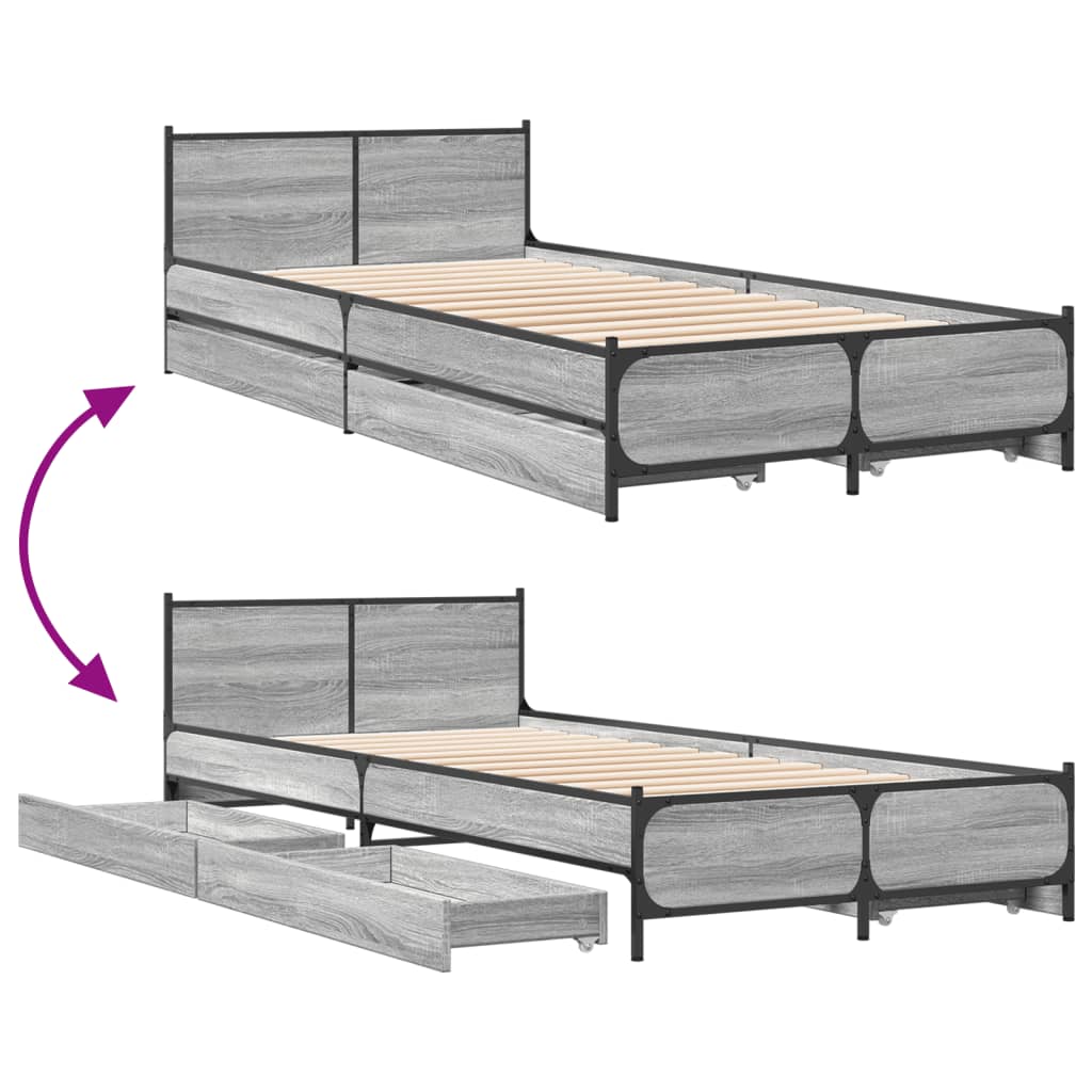 Bed Frame with Drawers without Mattress Grey Sonoma 100x200 cm