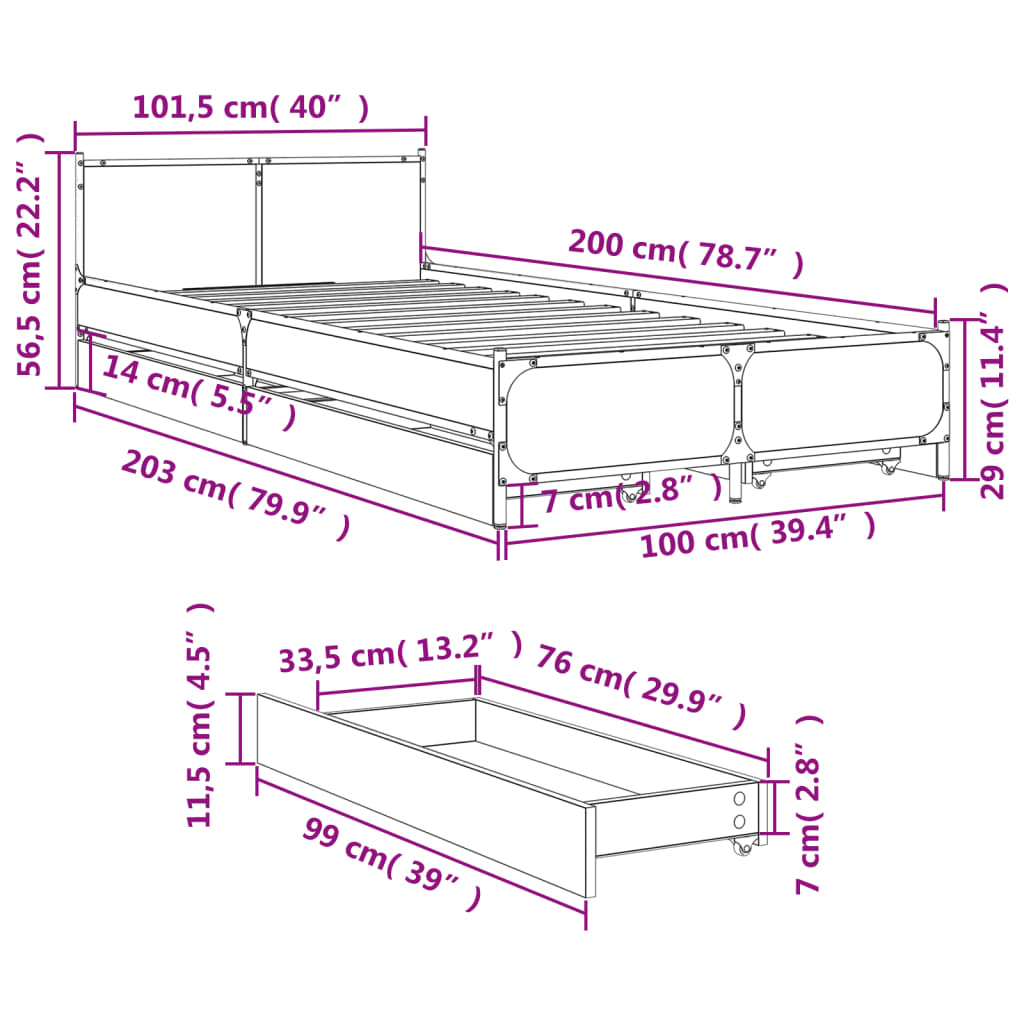 Bed Frame with Drawers without Mattress Grey Sonoma 100x200 cm