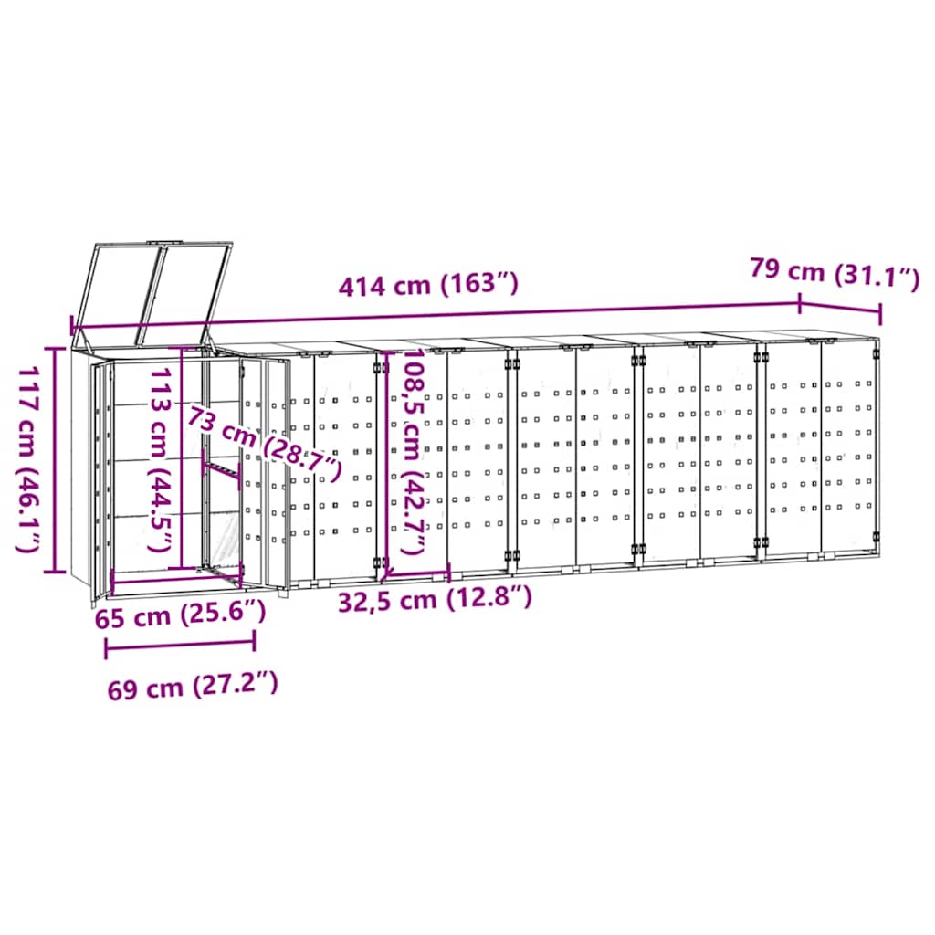 Wheelie Bin Storage for 6 Bins Black 414x79x117 cm Steel