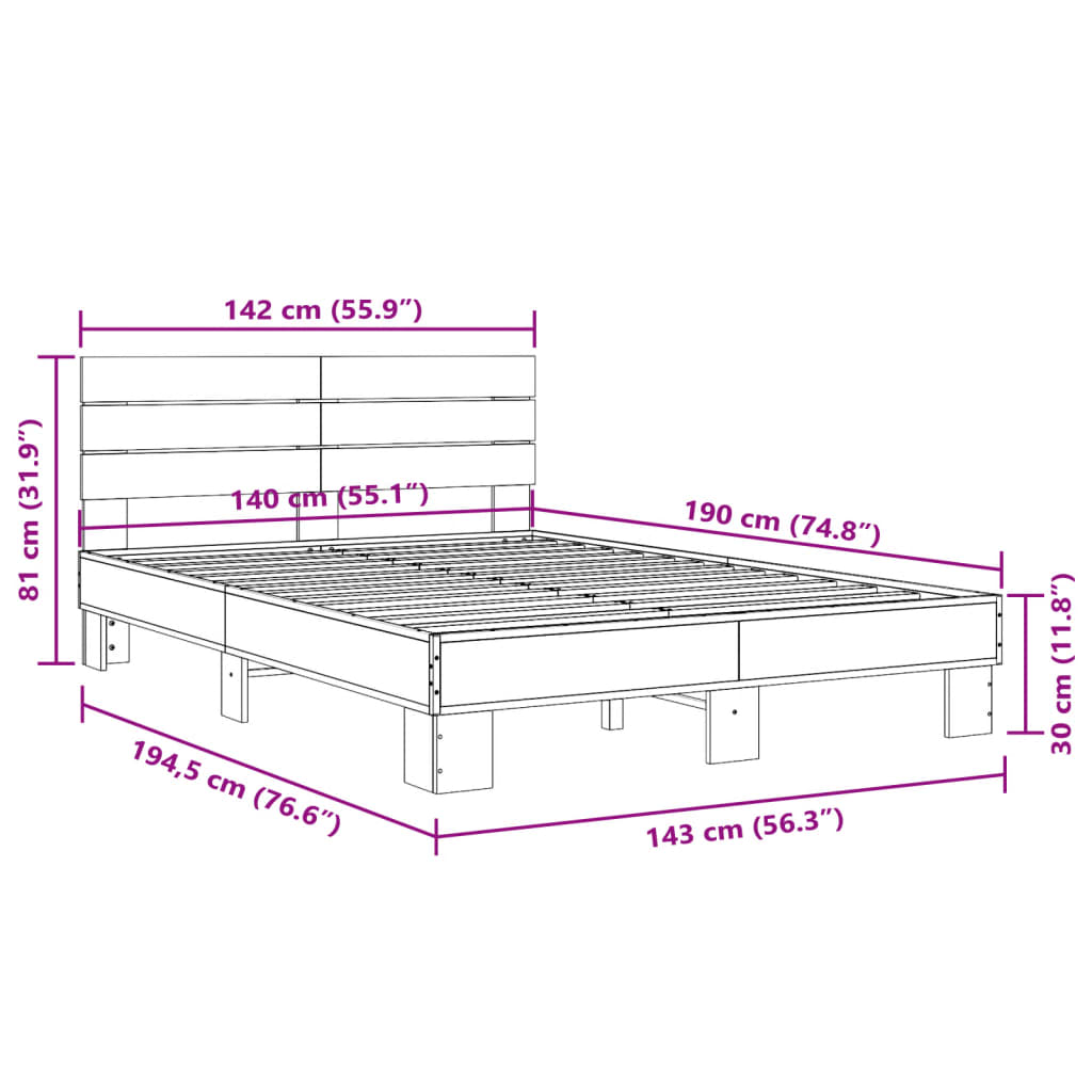 Bed Frame without Mattress Grey Sonoma 140x190 cm