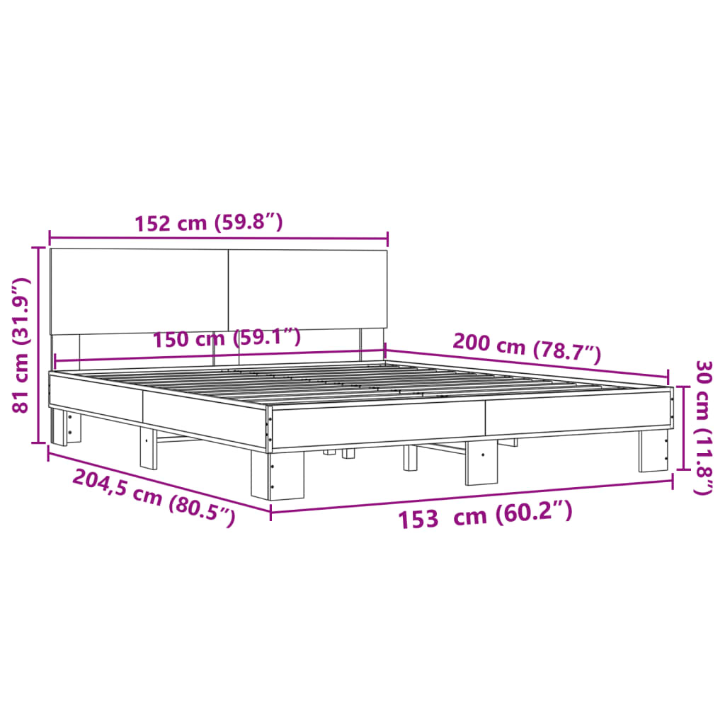 Bed Frame without Mattress Grey Sonoma 150x200 cm King Size