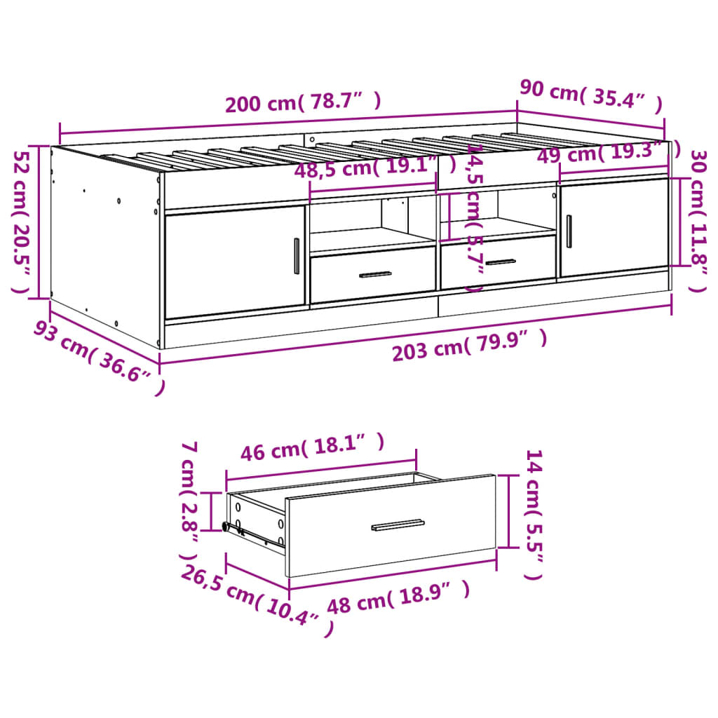 Daybed with Drawers without Mattress White 90x200 cm