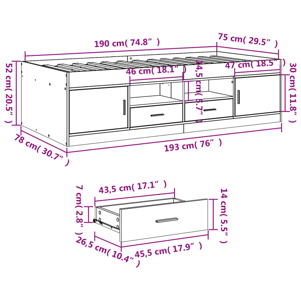 Daybed with Drawers without Mattress White 75x190 cm Small Single