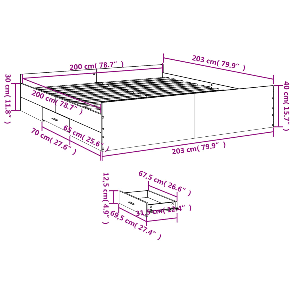 Bed Frame with Drawers without Mattress White 200x200 cm