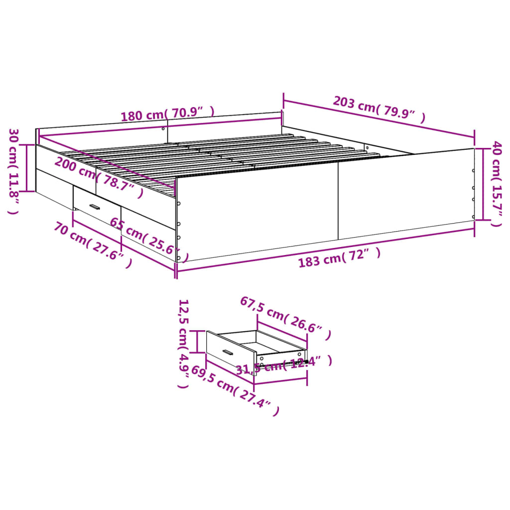 Bed Frame with Drawers without Mattress Concrete Grey 180x200 cm Super King