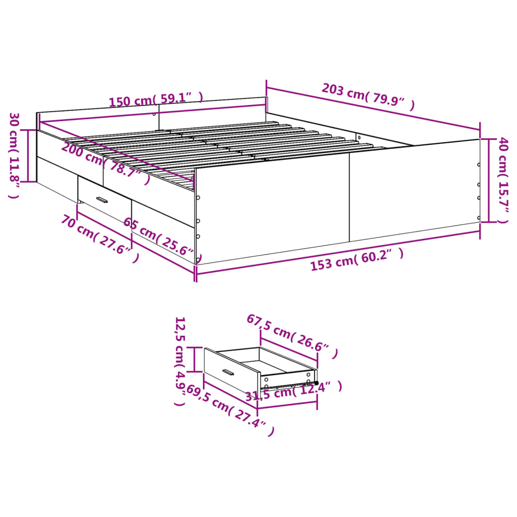 Bed Frame with Drawers without Mattress White 150x200 cm King Size