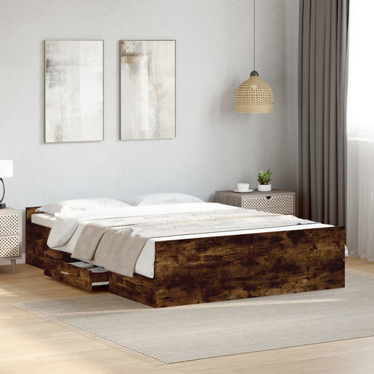 Bed Frame with Drawers without Mattress Smoked Oak 140x190 cm